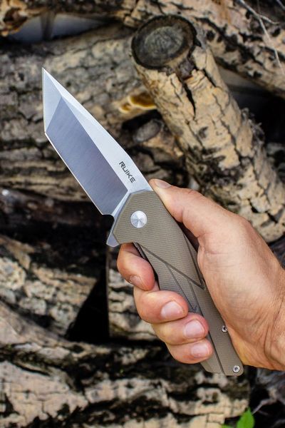 Ніж складаний Ruike Tanto, Sandvik 14C28N сатін, Sand G-10/SS, кліпса (P138-W) RKE P138-W фото