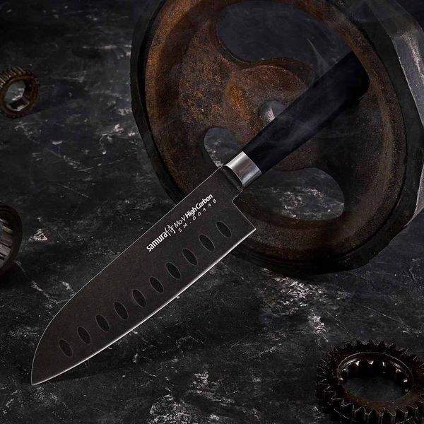 Ніж кухонний Сантоку з жолобчастою лінією леза, 180 мм, Samura "Mo-V Stonewash" (SM-0094B) SM-0094B фото
